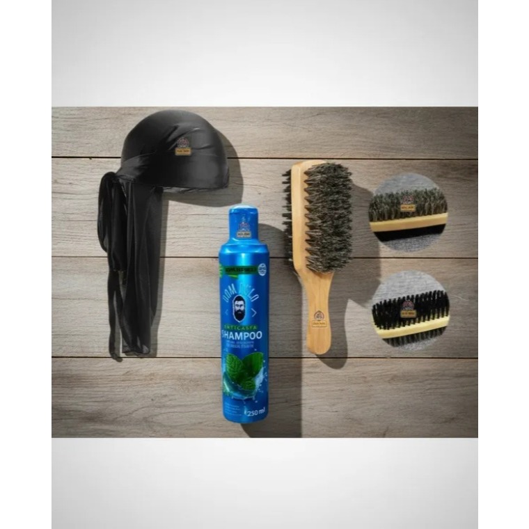 Kit Waves Bandana Durag Escova Dupla Cerdas de Javali Shampoo Anticaspa