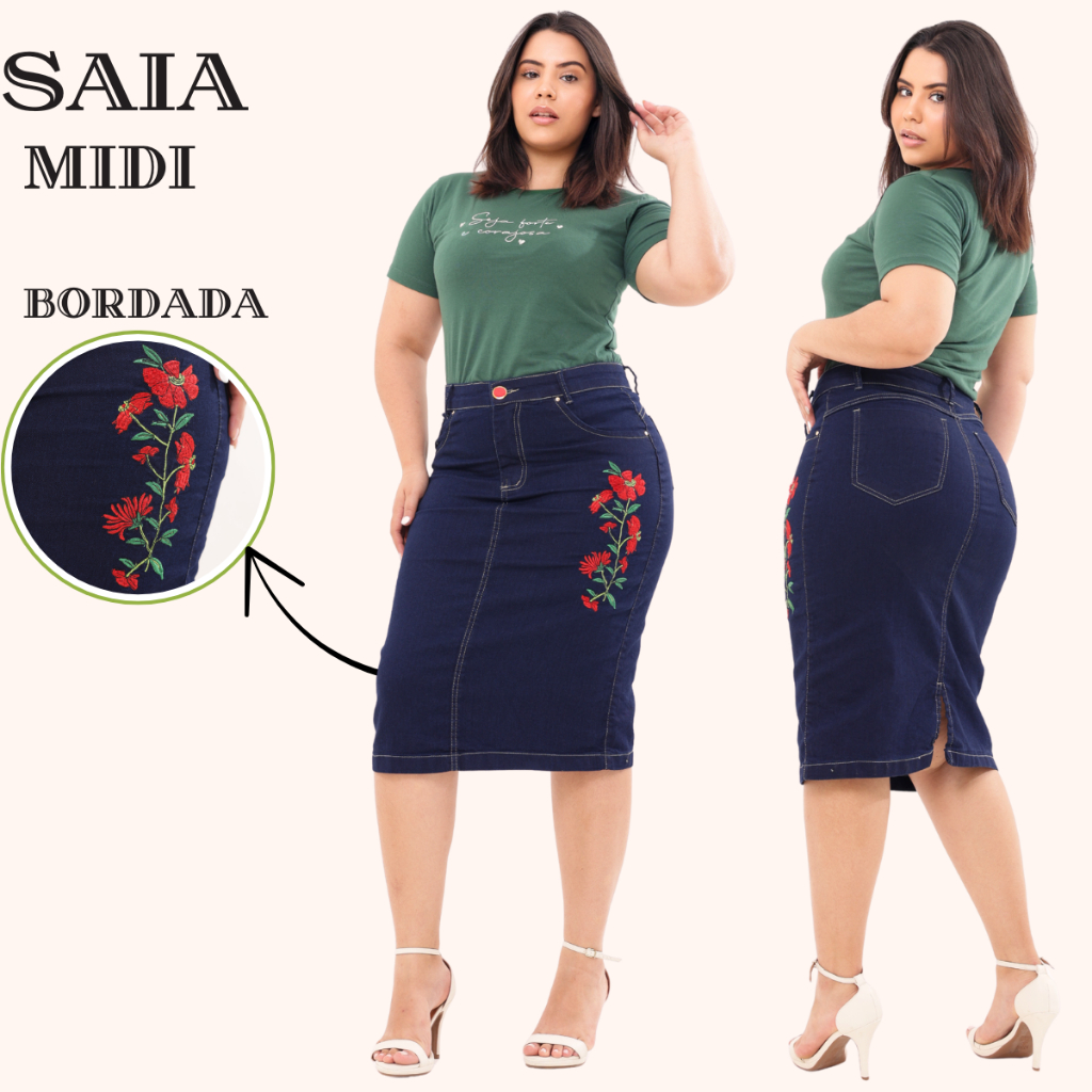 Saia Jeans Midi Evangelica Com Lindo Bordado Em Flores Vermelho E Verde Cintura Alta com Lycra Azul Marinho em Oferta na Shopee