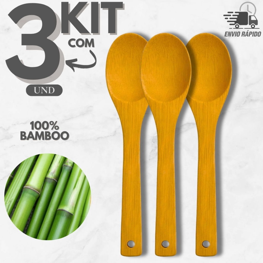 Kit 3 Colher de Bambu l Utensílio Natural, Leve e Resistente para Cozinha em Oferta na Shopee