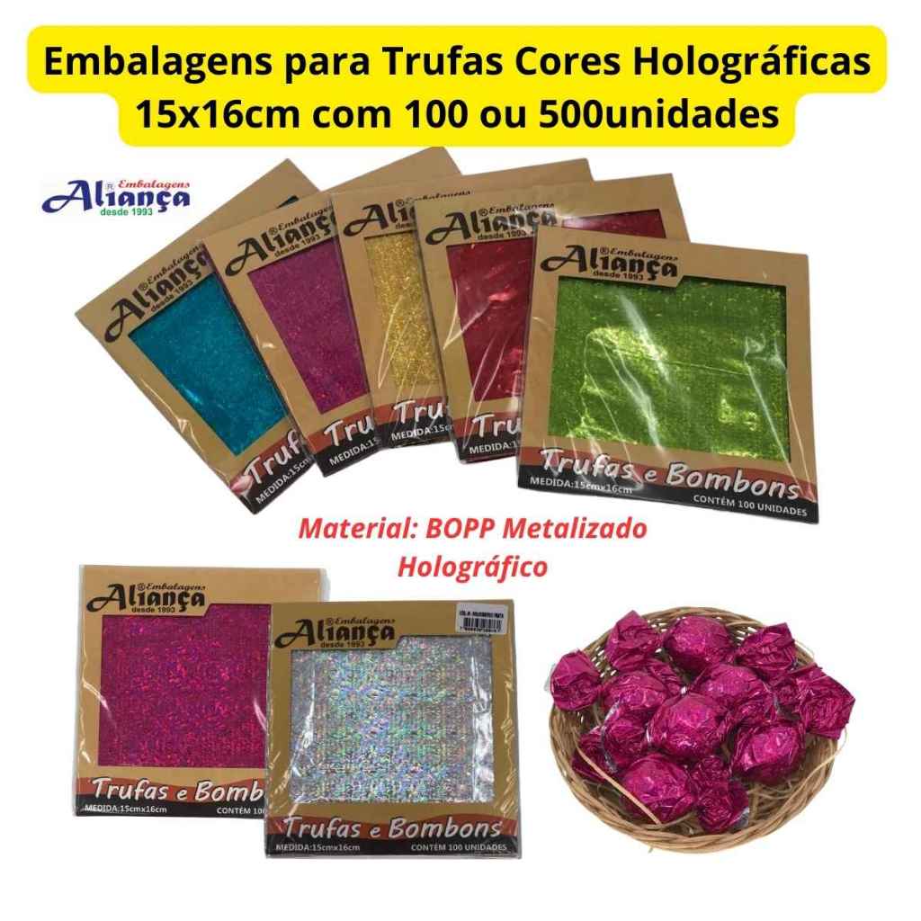 Embalagem para Trufas e Bombons 15x16cm Holográfica Metalizada 100 ou 500un em Oferta na Shopee