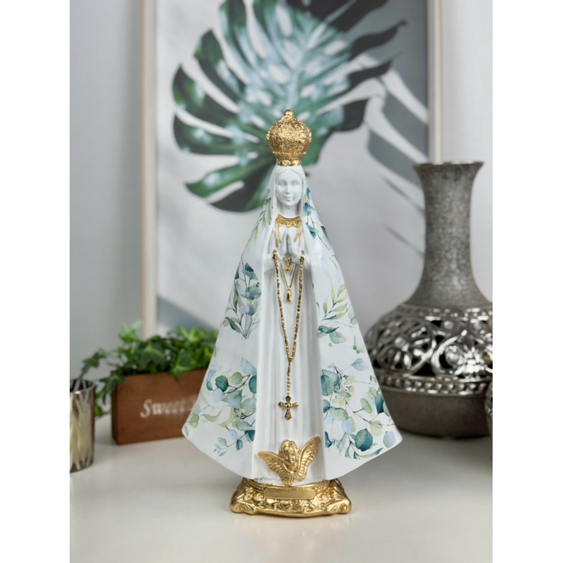 nossa senhora aparecida 33cm manto flor verde dourada gesso casamento