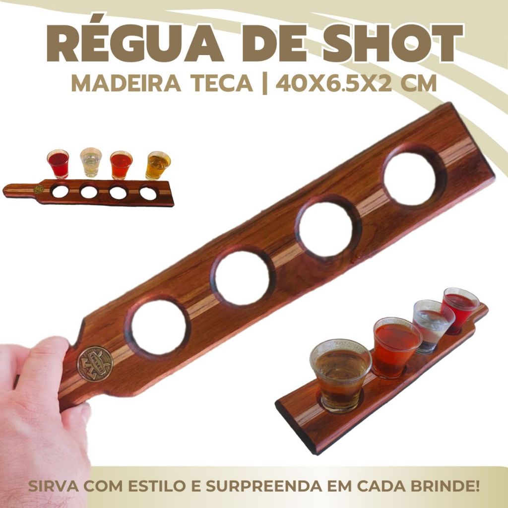 Régua de Shot em Madeira Teca 4 Doses | Presente Criativo | Suporte para Cachaças, Tequila e Licores