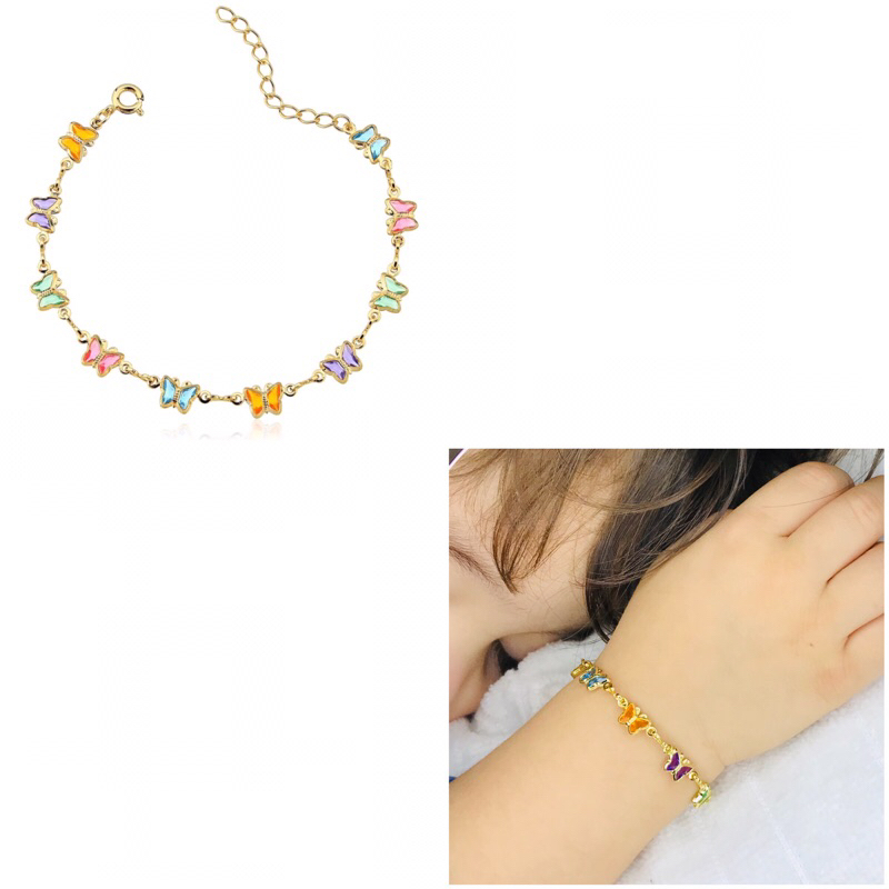 Pulseira bebê infantil Borboleta antialérgico Cristal color banhado a ouro 18k-SEMIJOIAS