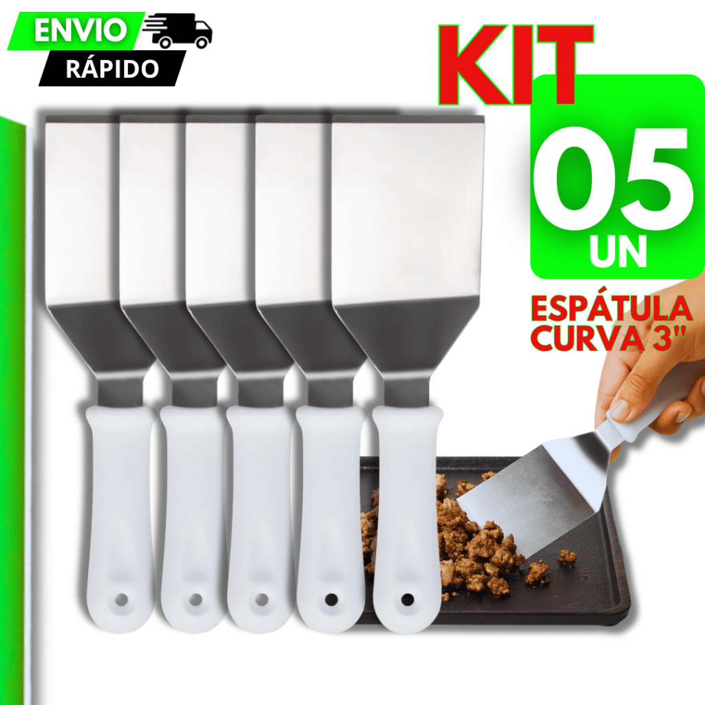 Espátula Curva 3" Kit 5/4/3/2 Aço Inox com Cabo Plástico Pizzaria Hamburgueria Cozinha Padaria