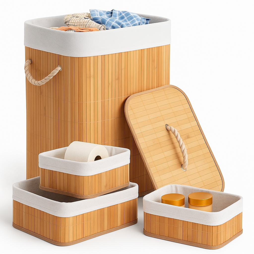 Cesto De Roupa Suja Bambu Lavanderia Com Tampa  Kit Organizador Banheiro P M G Combo em Oferta na Shopee