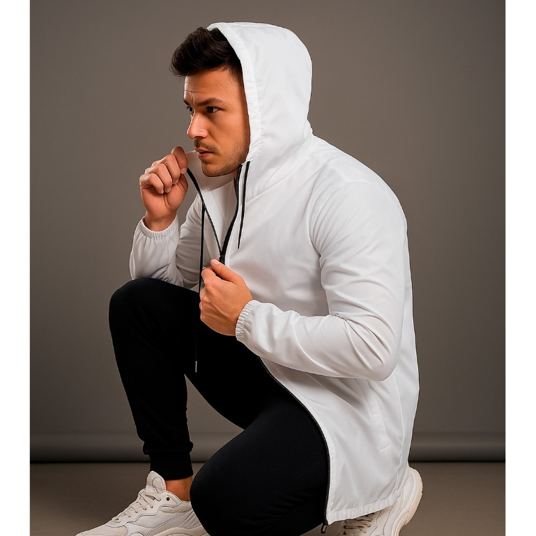 Corta Vento Masculino Jaqueta Com Capuz Zíper Bolsos Leve Macia Semi Forrada Impermeável Dia A Dia