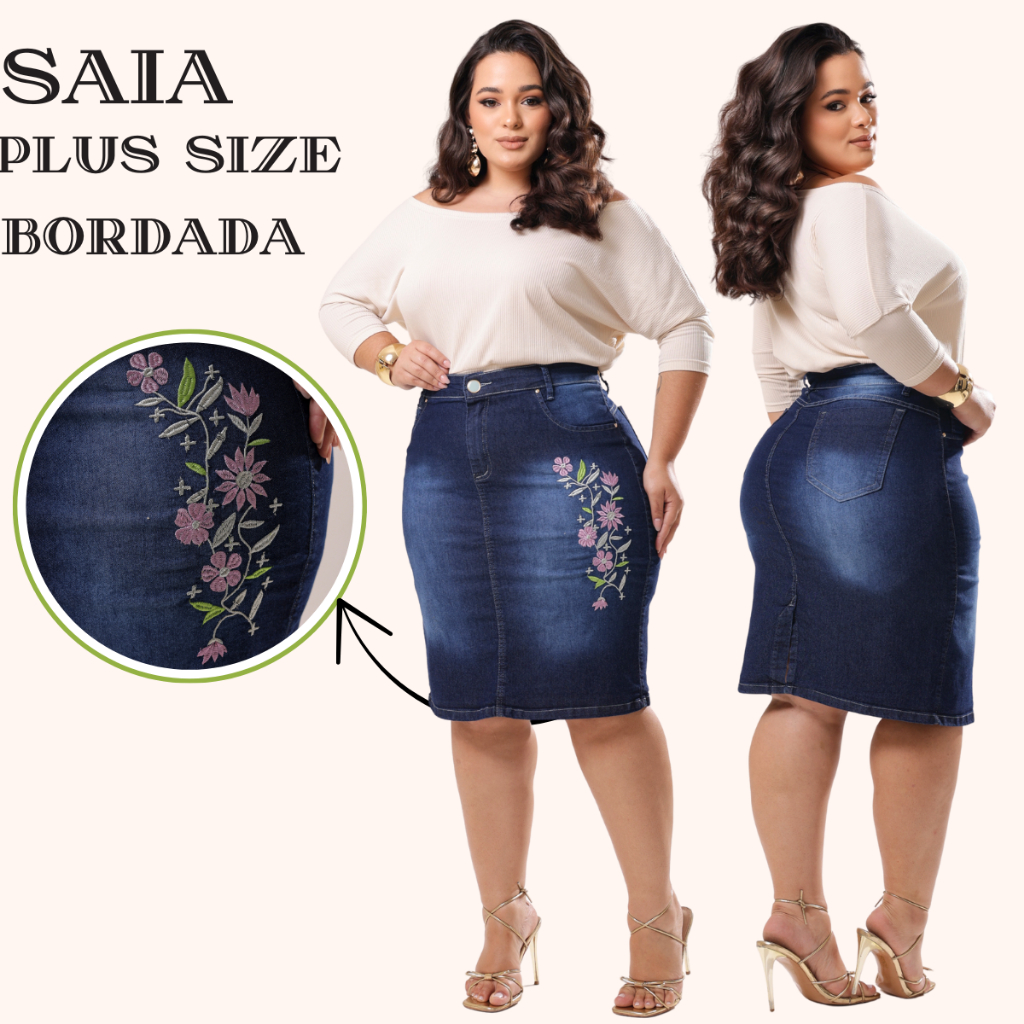 Saia Plus Size Evangelica do 46 ao 54 Jeans Com Laycra e Bordado Com Flores Em Tons Em Rosa E Verde em Oferta na Shopee