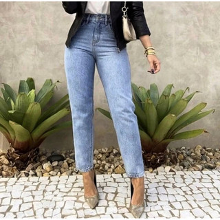 Calça Jeans Feminina Mom sem Lycra Marmorizada Cintura Alta Elegante Confortável Soltinha…