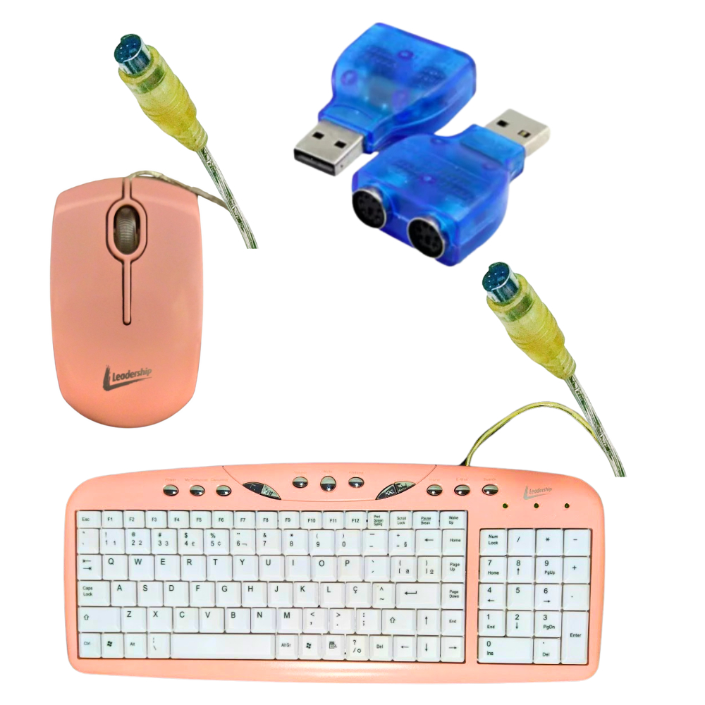 Kit Teclado e mouse rosa conexão Ps2 acompanha adaptador USB