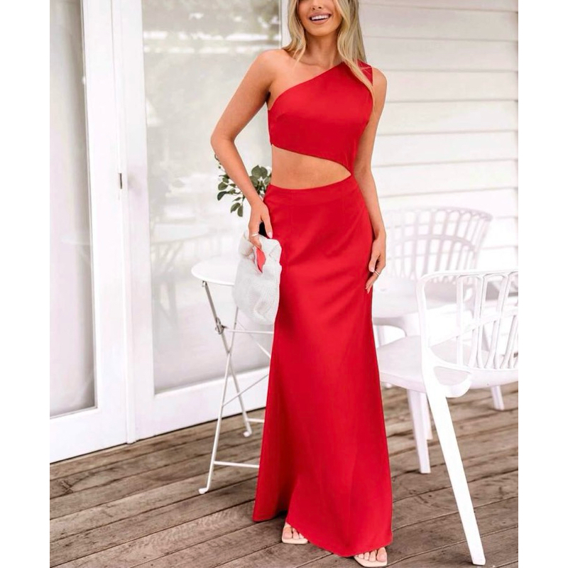 Vestido Longo Acetinado Decote na Cintura Festa Formatura Sensual Moda Blogueira Vermelho SH D385