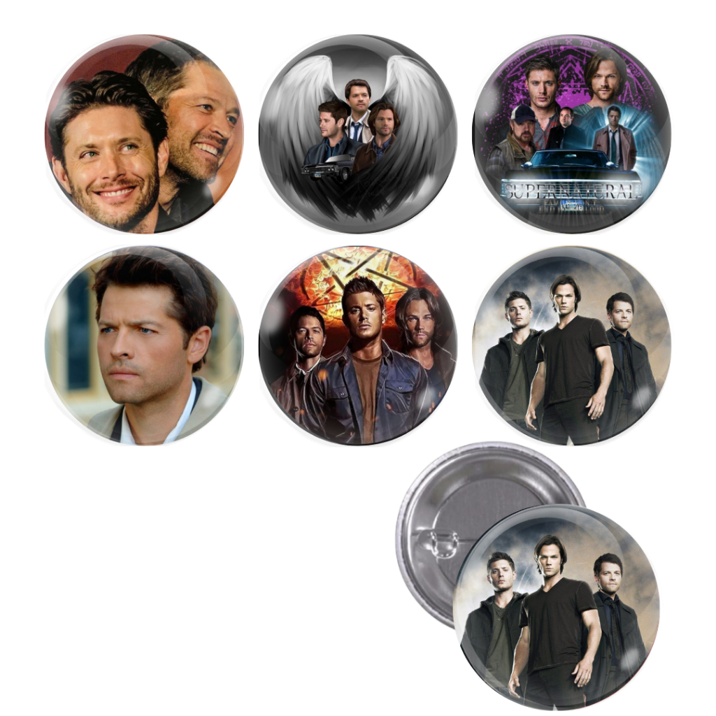 Cartela com 6 Bottons Supernatural – Sam Dean Castiel / Hunters / Série Geek / Nerd / Broche / Pins
