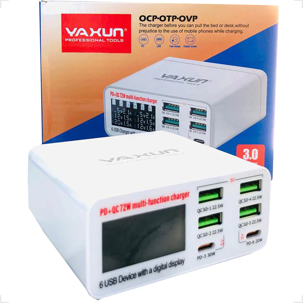 Carregador 6 Portas Usb Tipo-c Medidor Voltagem Yaxun 896c