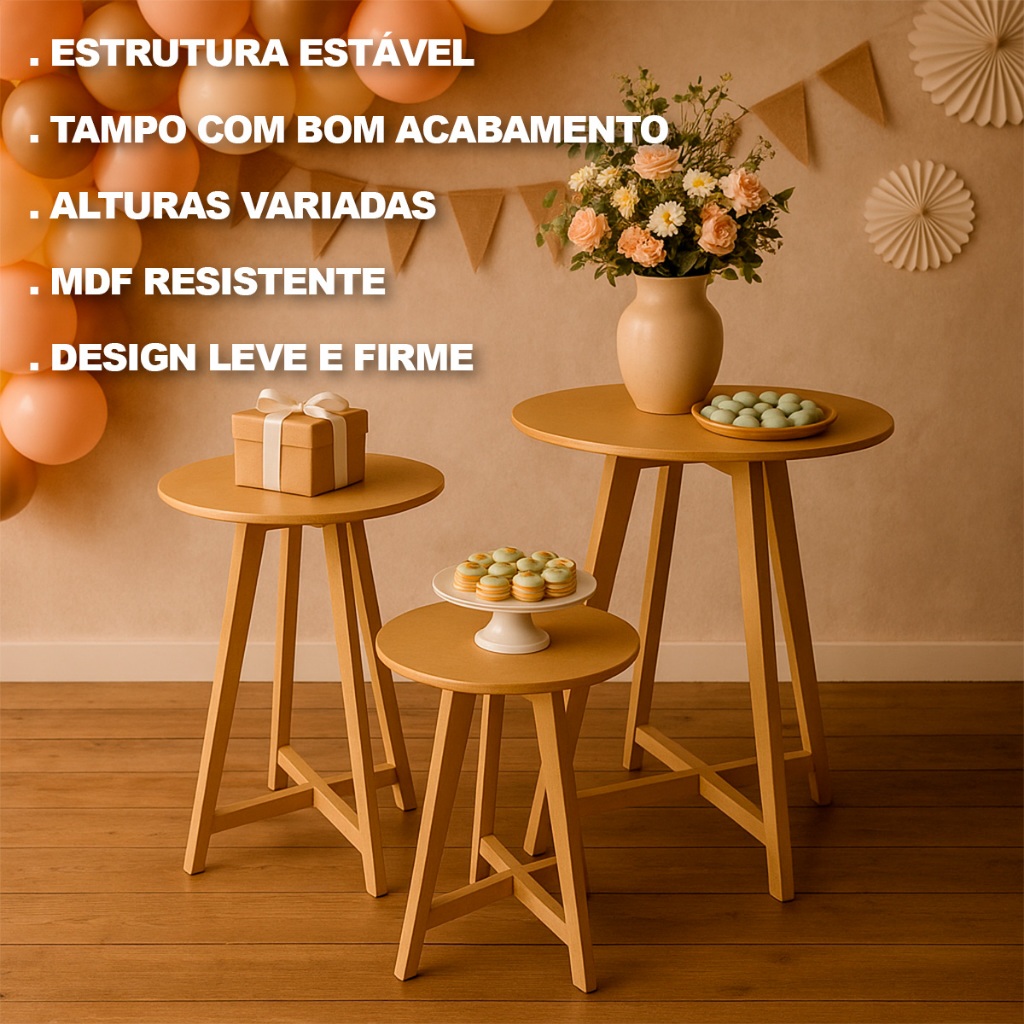 Kit 3 Mesas MDF Cru Tamanhos P M G Decoração Festa Mesa Provençal Suporte Decoração Bolos