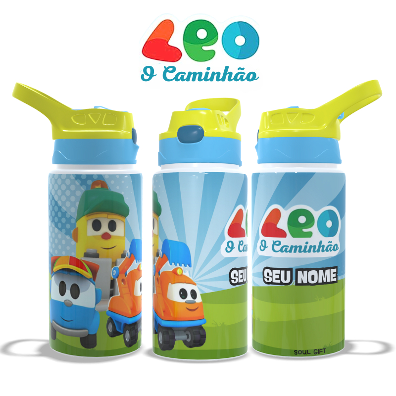 Garrafa de água Infantil Léo o Caminhão 350 ml - Bico de Silicone - Personalizado Com Seu Nome