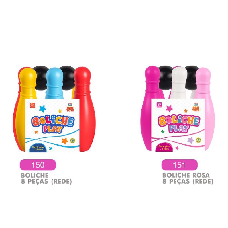 Boliche Play Com 6 Pinos e 2 Bolas - Colorido - Rosa - 8 Peças - Jogo Boliche