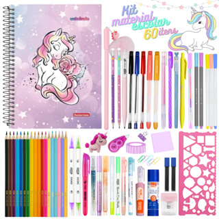 Kit Material Escolar Completo com 60 Itens  Caderno 10 Máterias Unicórnio em Oferta na Shopee