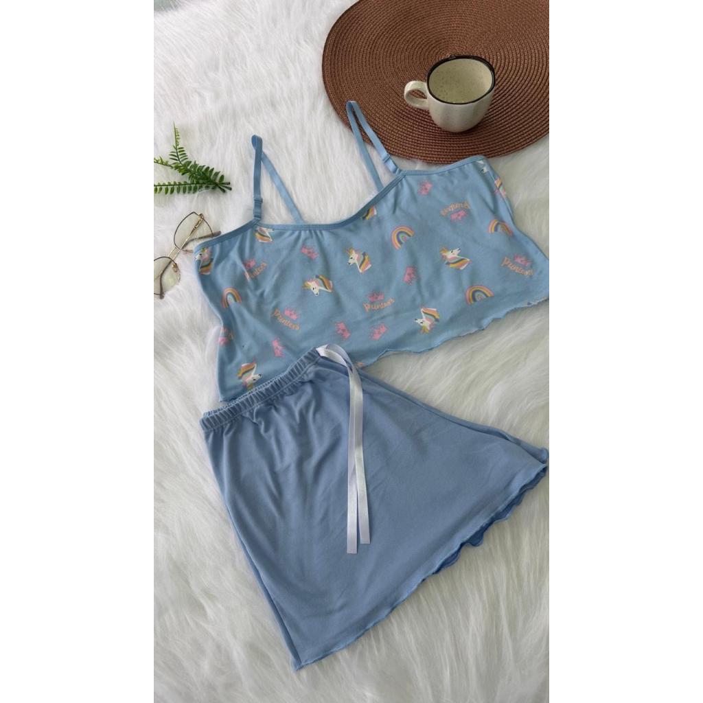 Baby Doll Cropped Feminino Unicórnio |Pijama Curto Conjunto de Dormir Fofo e Confortável