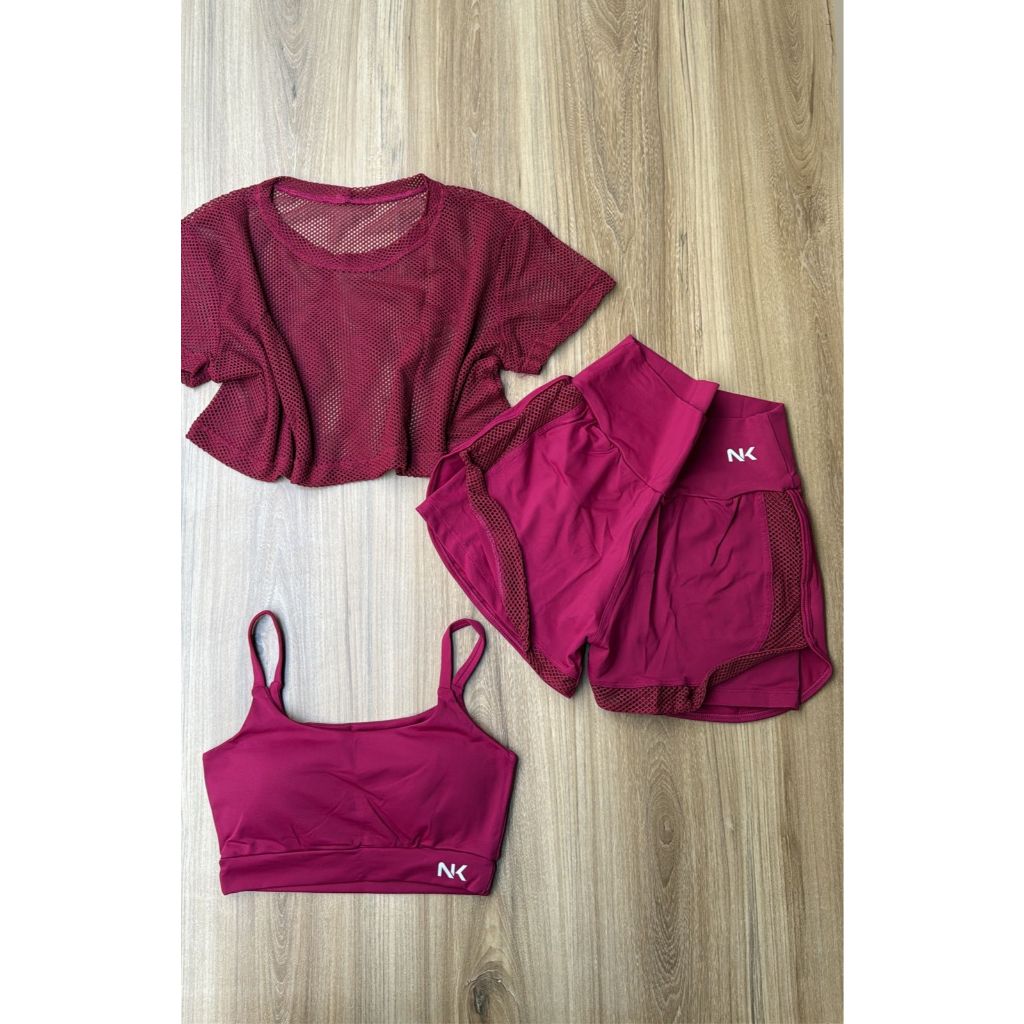 Conjunto trio 3 peças short duplo, top com bojo e croped telinha short fitness roupa de academia
