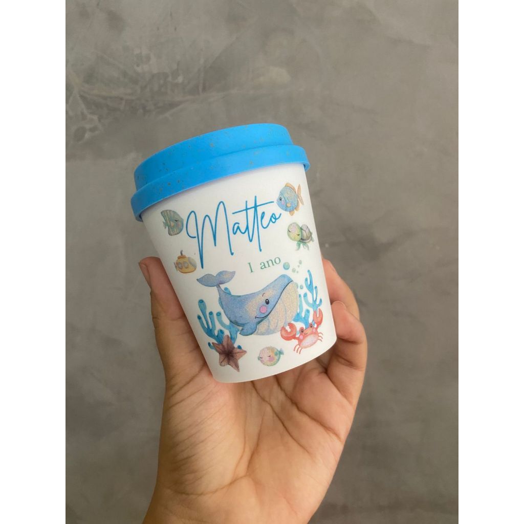 Copo eco 250ml com tampa personalizado no tema fundo do mar menino/ lembrancinhas / festa infantil
