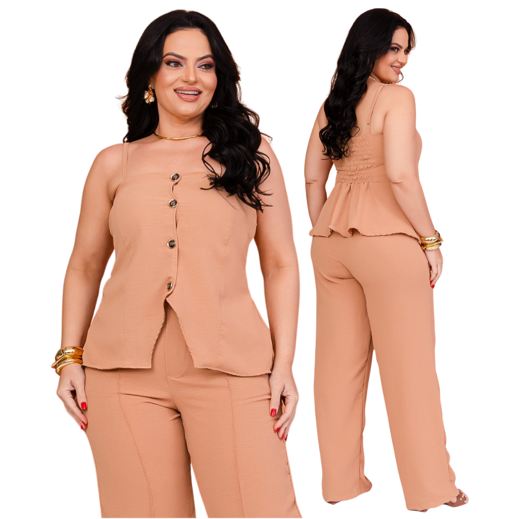 Conjunto Feminino Nude Alfaiataria Pantalona e Blusa com Botões Frontais Look Elegante e Confortável,Armazém Moda Jeans!