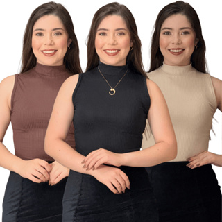 Kit 3 Blusa Blusinha Feminina Regata Canelada Premium Gola Alta Tendência Moda Multiuso em Oferta na Shopee