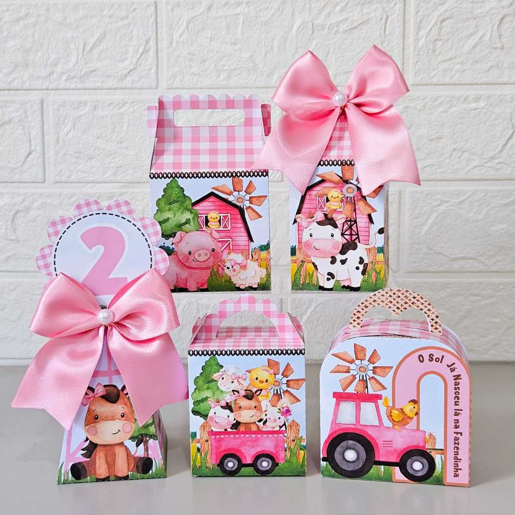 Kit Festa Fazendinha Rosa Pegue e Monte Caixinha Personalizada Lembrancinha Decoração Festa Infantil
