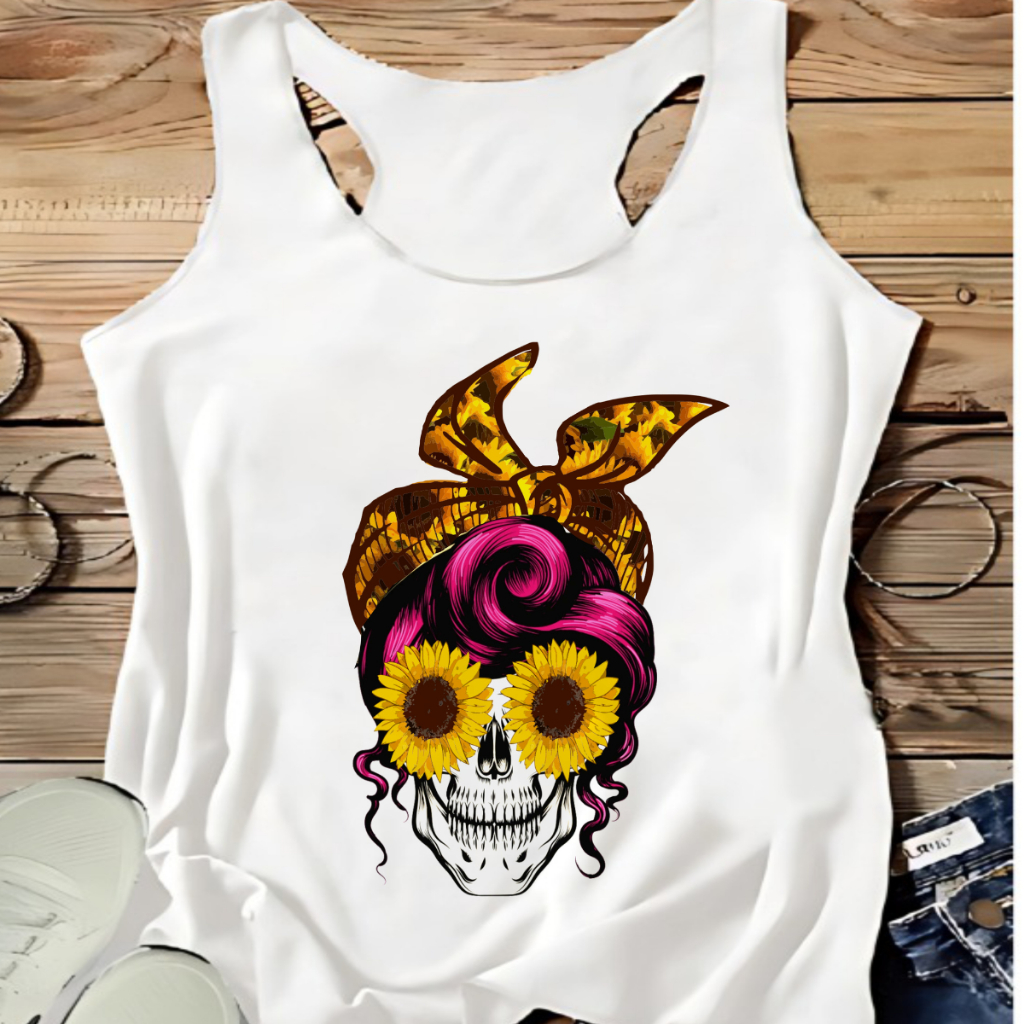 REGATA CRIATIVA FEMININA CAVEIRA GIRASOL,MODA CASUAL,FITNES,ACADEMIA,MODA PLUS SIZE