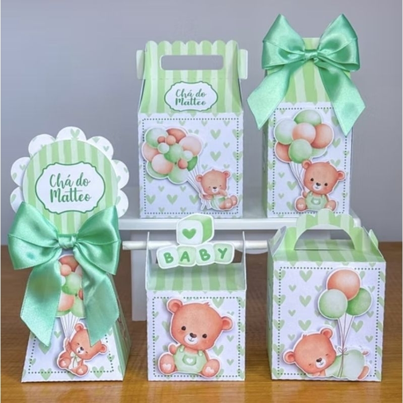 PEGUE E MONTE -  Kit Festa Personalizada Caixinhas Lembrancinhas Aniversário Tema Chá de Bebê Ursinho Verde