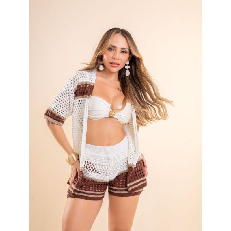 Conjunto Feminino Chamise e Short Verão Saída De Praia Croche Tricot listrada Modinha em Oferta na Shopee