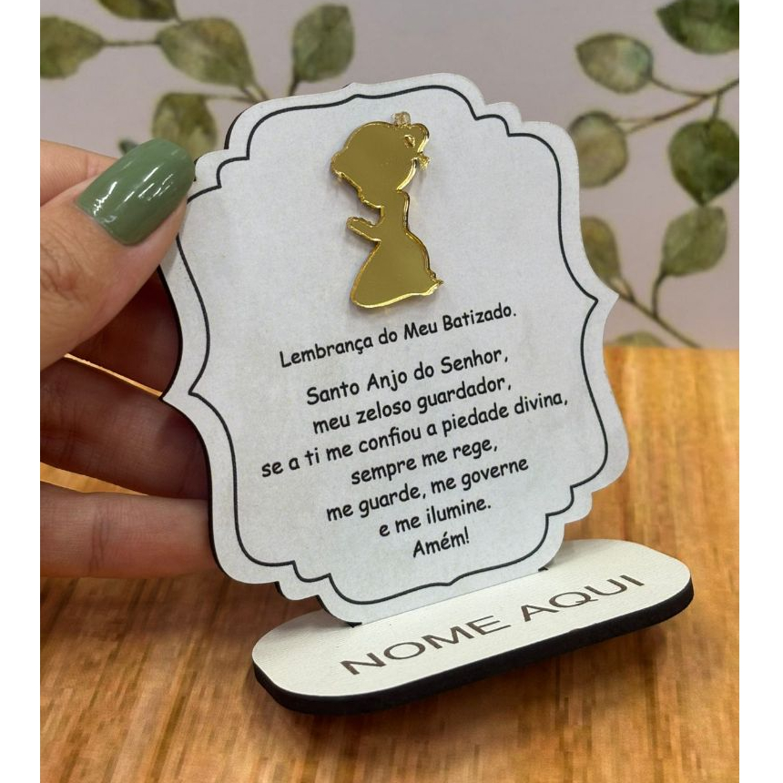Kit Lembrancinhas Batizado, Oração Santo anjo - Personalizado com acrílico espelhado. Batismo Mdf