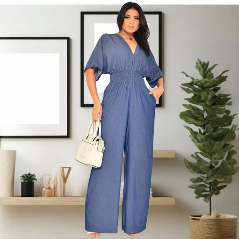 MACACÃO  MACAQUINHO JEANS  MANGA SOLTA MODA FEMININO TECIDO CHAMBRAY