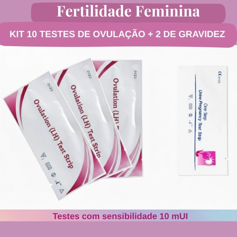 Fertilidade Feminina Kit 10 Testes de Ovulação (LH) + 2 Testes de Gravidez (hCG) Sensibilidade 10 mUI