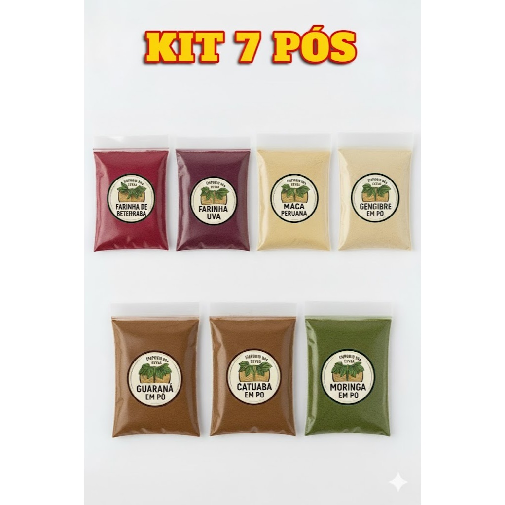 Kit 7 Itens Especiarias Naturais em Pó para Culinária e Bebidas Gengibre Guarana Beterraba Catuaba Uva Outros