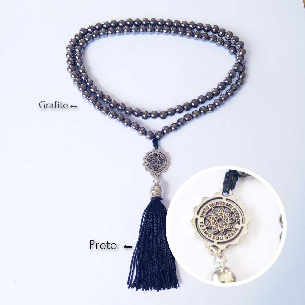 Imagem Japamala 108 Contas Pérola ( Plástico ) Grafite Com Pingente do Ho'oponopono Rosário Budista Meditação Ref:802