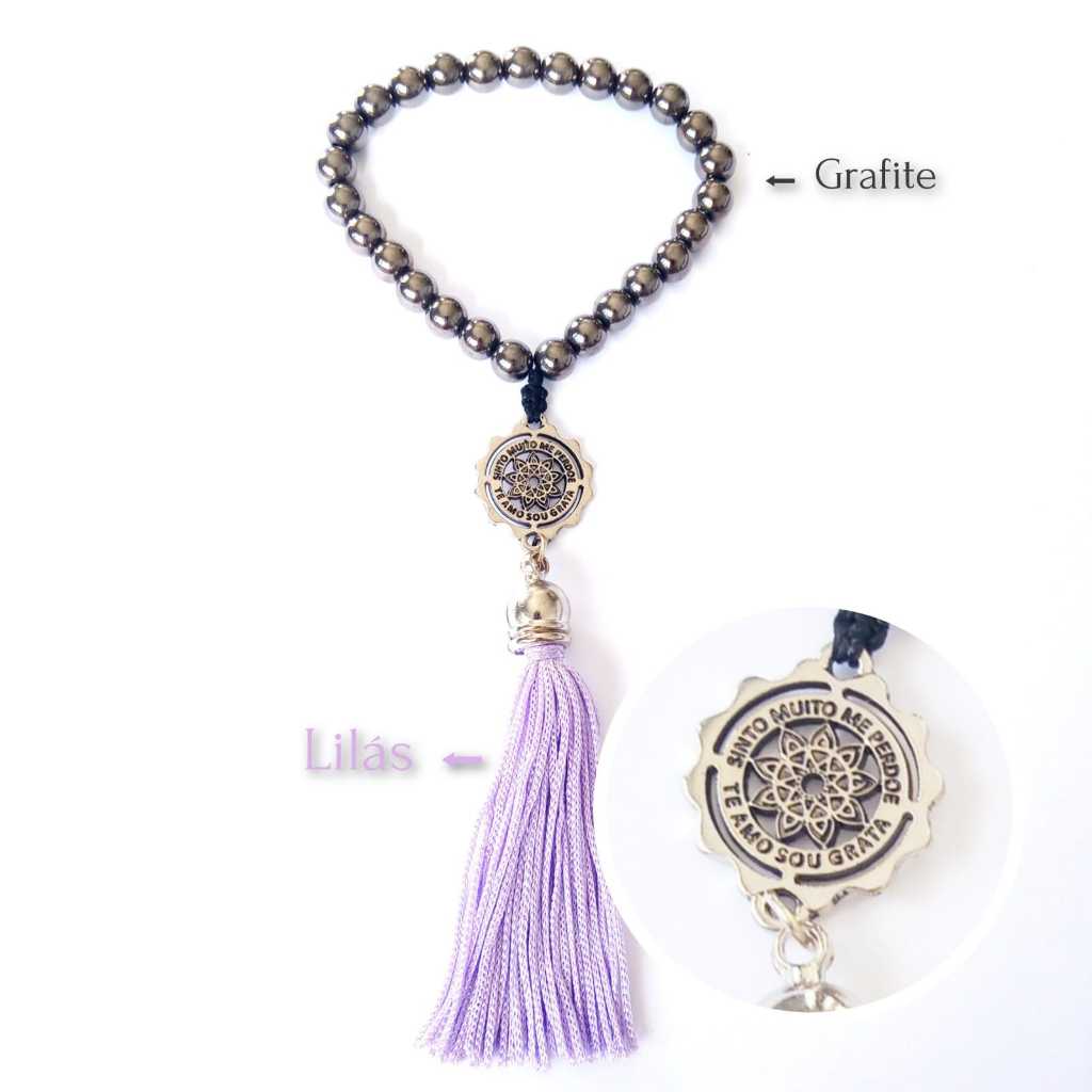 Imagem Japamala De Mão Com 27 Contas Pérola Grafite e Pingente do Ho'oponopono Rosário Budista Meditação Ref:801