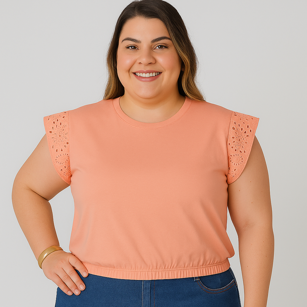 Cropped Plus Size Algodão Manga Laise Bordado Confortável Básico G1 ao G3 Moda Verão 25741-C2 em Oferta na Shopee