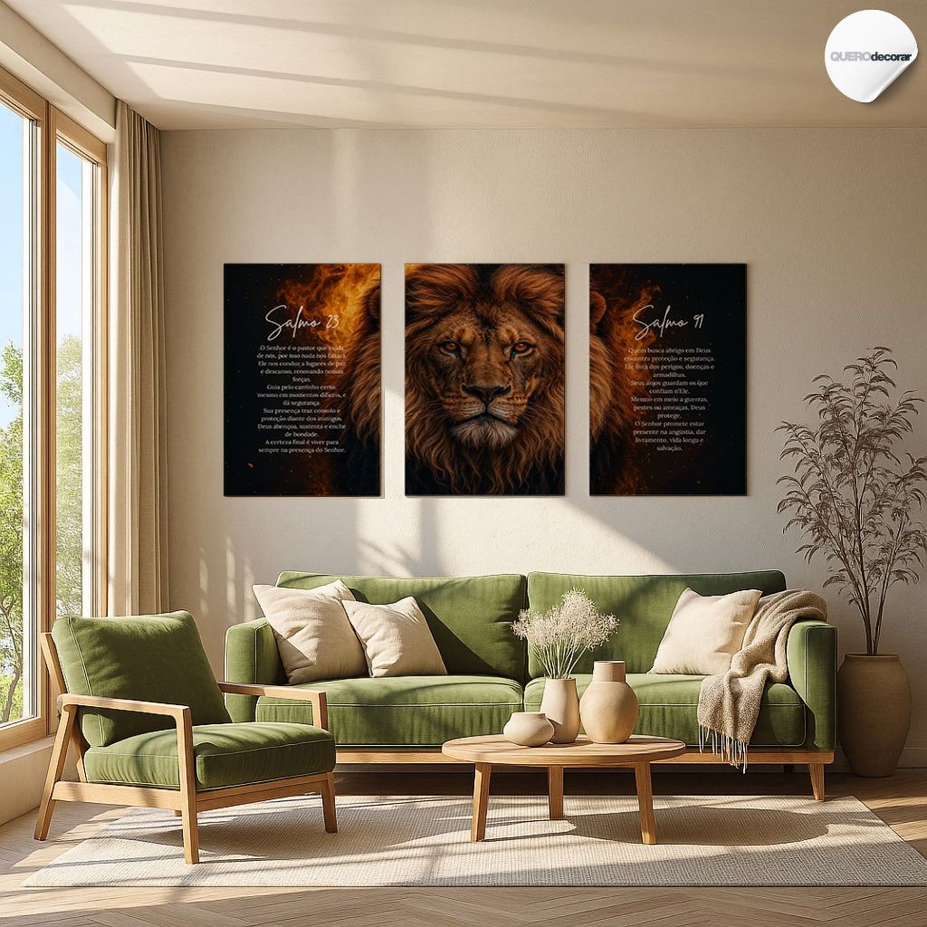 Quadros Decorativos Salmo 23 e 91 Leão Fé e Força Quadro Religioso Cristão Motivacional Deus Proteção