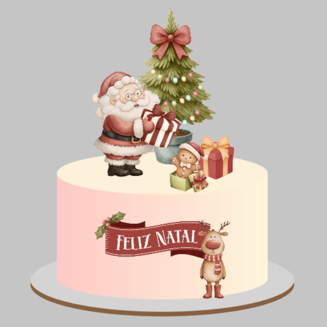 Topo de Bolo de Natal  - Topo de bolo Feliz Natal - Topo de bolo Papai Noel Árvore de Natal - Decoração Natal