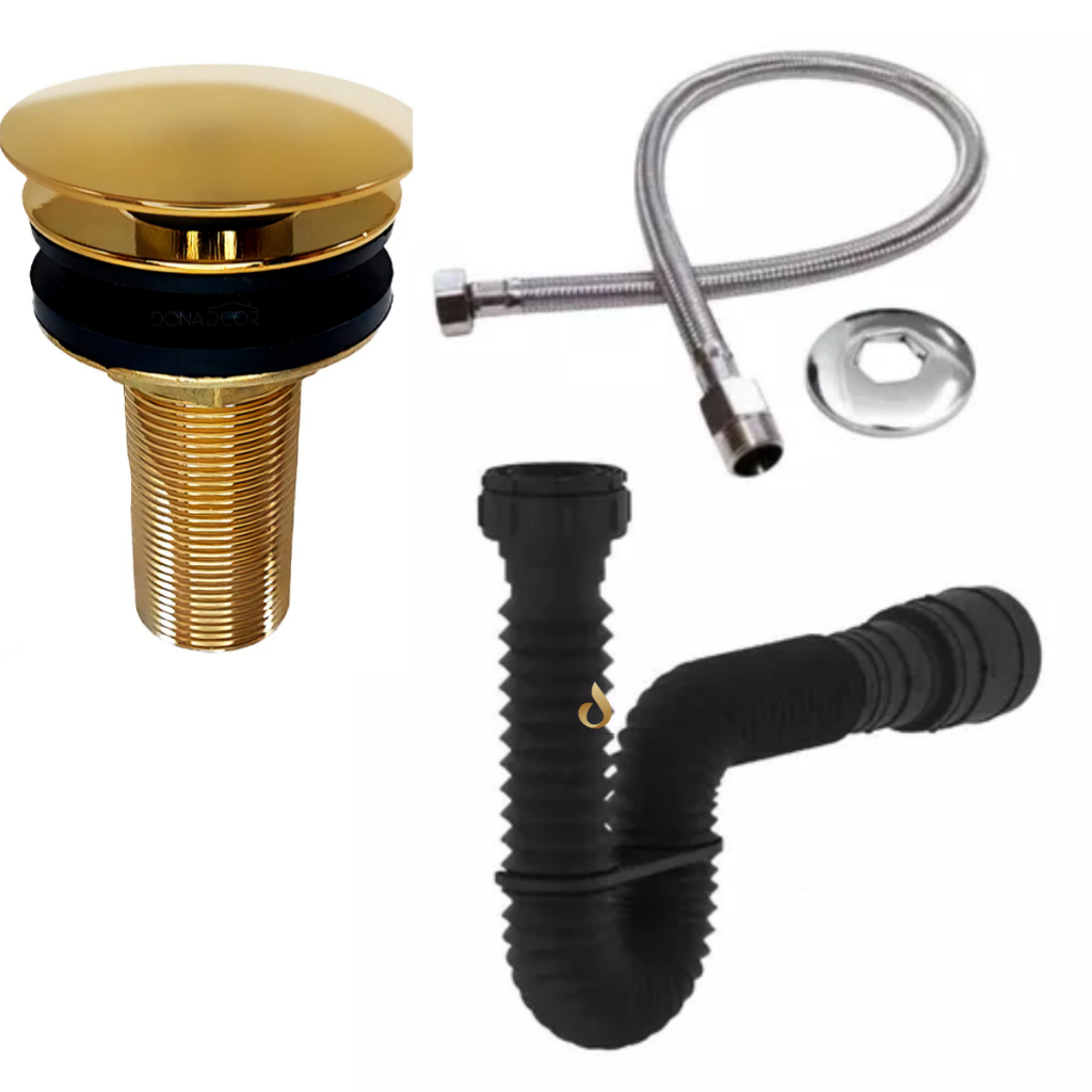 Sifão Pia Tanque Universal Preto 70cm + Válvula Click Inteligente 7/8 Dourado Metal + Engate Inox 40cm em Oferta na Shopee