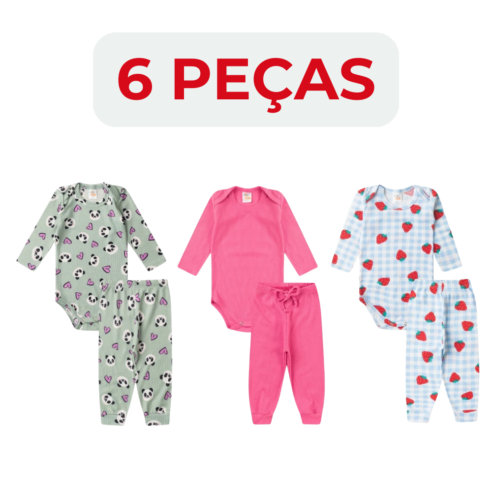 Kit 6 Peças Conjunto Infantil Blusa Calça Canelada Body Meia Estação Sortido Para Meninas 5 a 10 Meses - Tamanho M