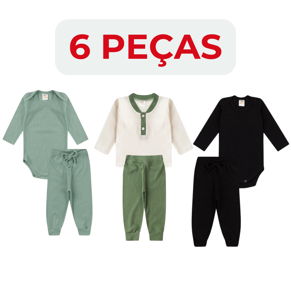 Kit 6 Peças Conjunto Infantil Blusa Calça Canelada Body Meia Estação Sortido 💙 Para Meninos 5 a 10 Meses -Tamanho M