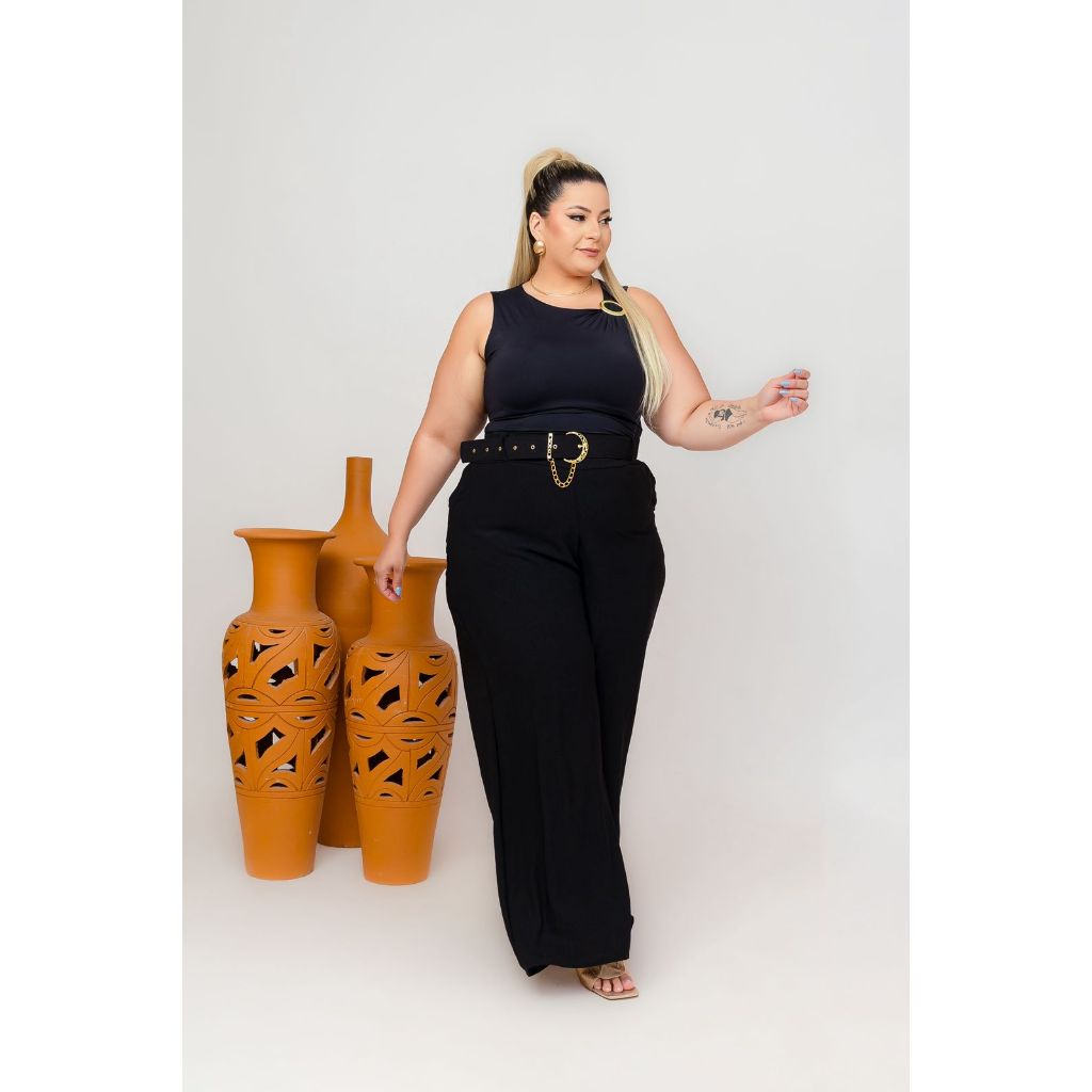 Calça Pantalona Feminina Plus Size Premium Cinto Dunas Alfaiataria Tecido Fluido Soltinha Moda Curvy+ 46-52