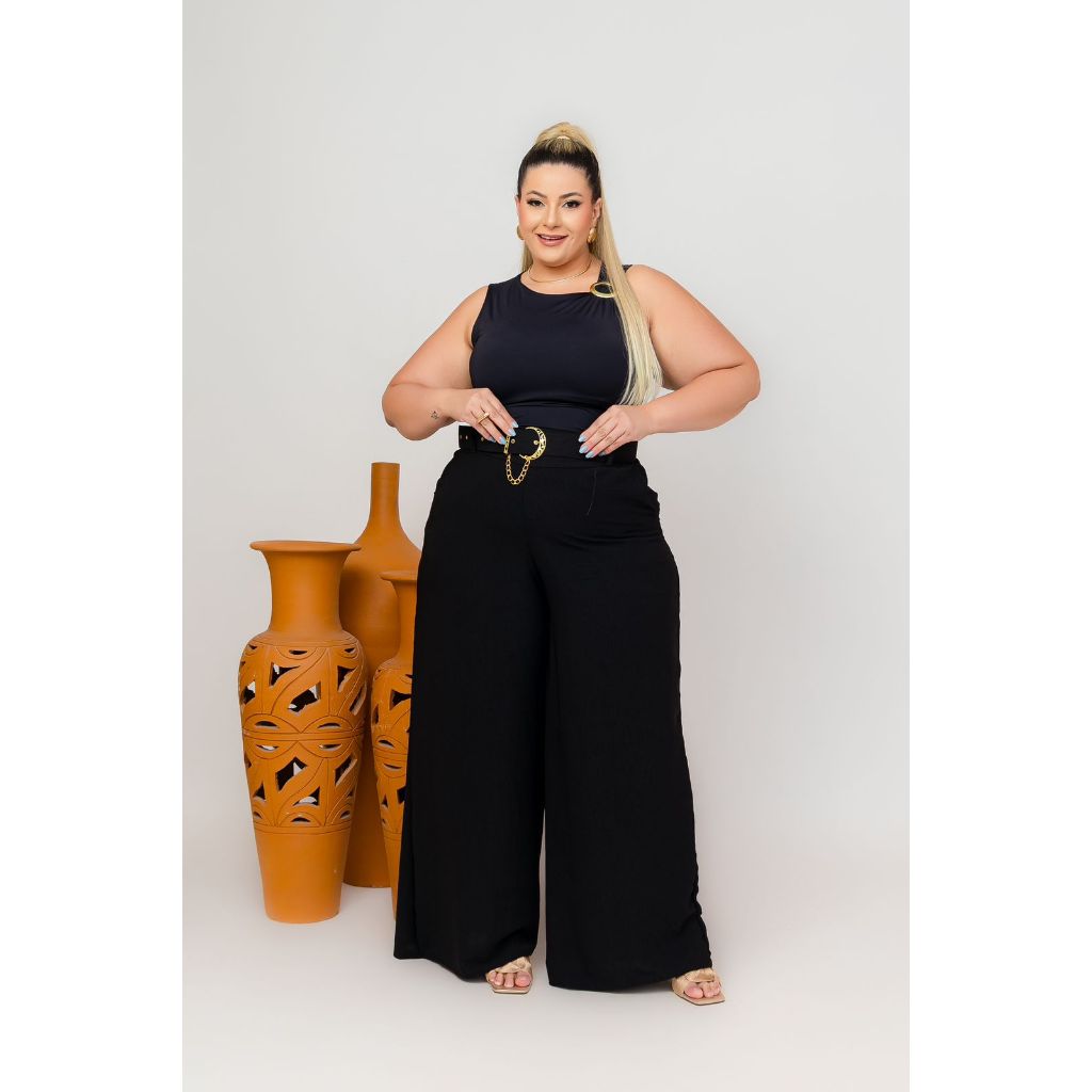 Calça Pantalona Feminina Plus Size Premium Cinto Dunas Moda Maior Alfaiataria Fluida Soltinha Curvy+