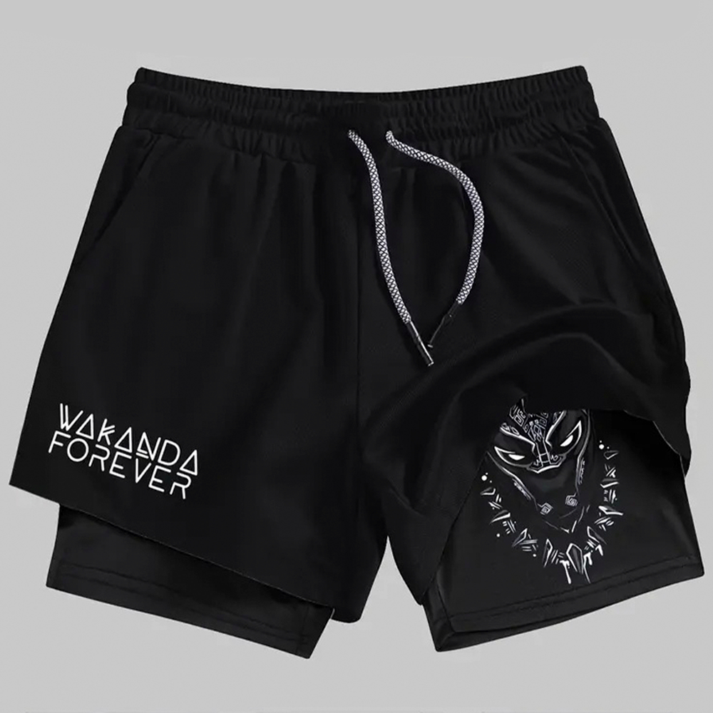 Short esportivo compressão fitness 2 em 1 masculino geek pantera negra wakanda confortavel