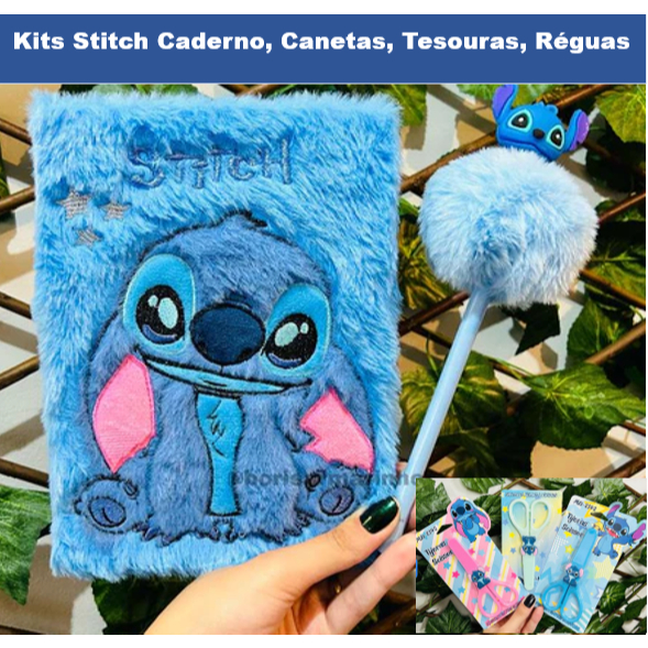 Kit Caderno Pelúcia + Caneta Lilo Stitch Desenho Stitch Escola Filme com Pauta Papelaria Fofa Kawaii