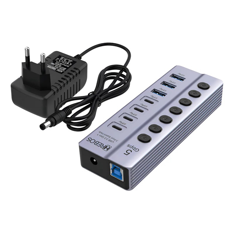 Hrebos – HUB 7 em 1 AD-227 3.0 USB + 4 Type-C 3A 5Gbps Alta Velocidade e Controle Individual Compatível com Notebook Mac