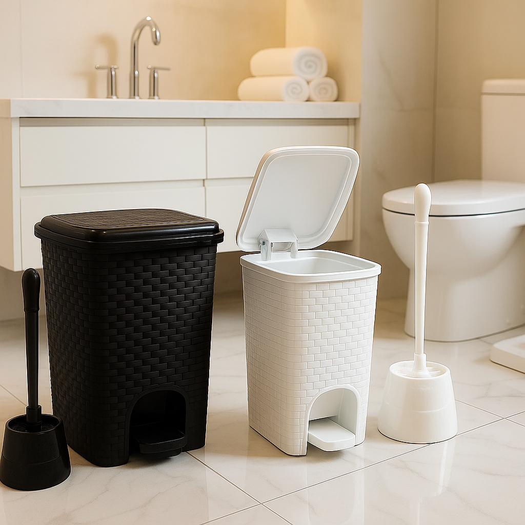 Rattan PEDAL 07 Litros Preta/Branca + BRINDE Escova Sanitária Reforçada Casa Banheiro Limpeza