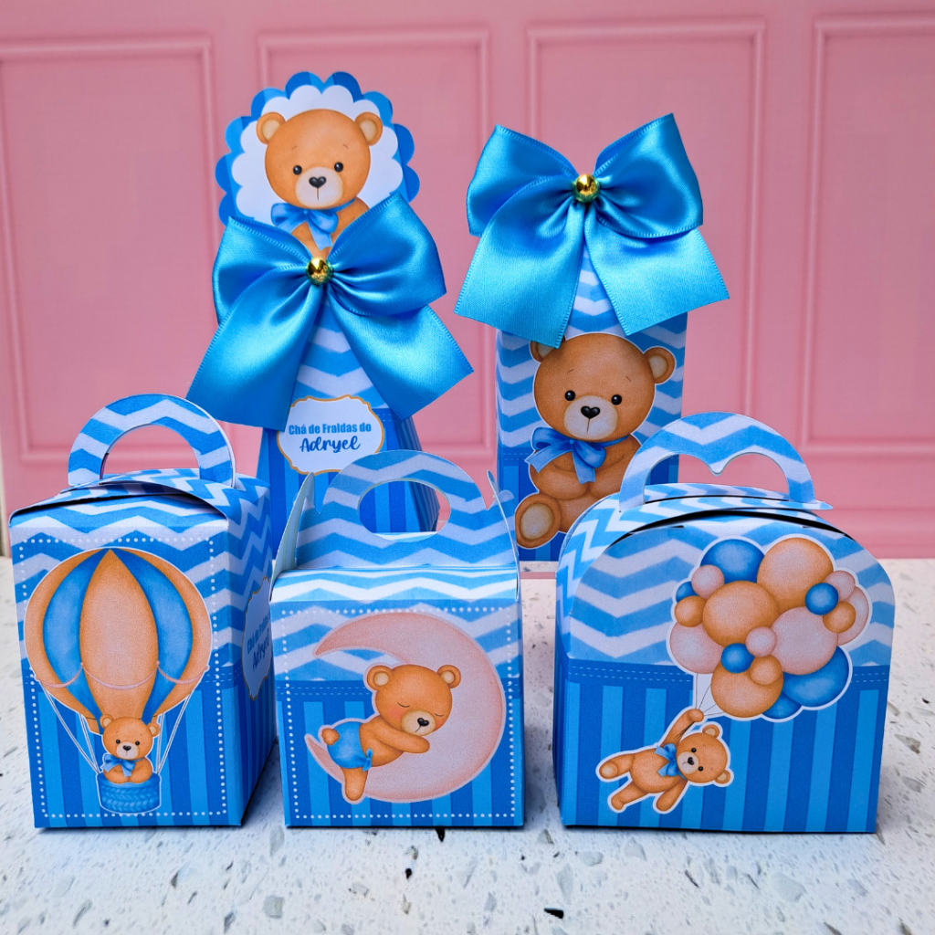 Personalizados Cha de bebe Urso Azul / baloeiro (PEGUE E MONTE)- kit festa -lembrancinha-aniversario -caixinhas - festa