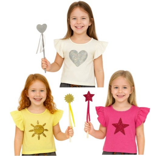 LOOK INFANTIL MENINA BLUSA COM MANGA PRINCESA E DETALHE BRILHO PAETÊ + ACESSÓRIO VARINHA COMBINANDO