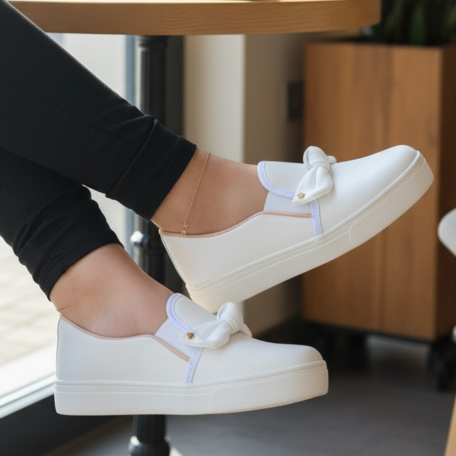 Tênis Feminino Slip On Laço Delicado Confortável Tênis Meia Casual Área Da Saúde Blogueira